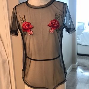 Black see through top w/ flower petal breast cover